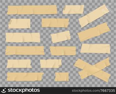 Adhesive or duct tape crumpled stripes mockups set. Sticky masking or insulating tape with torn sides for household repair, construction works, office stationery element 3d realistic vector templates. Adhesive or duct tape crumpled stripes mockups set