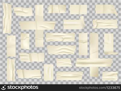 Adhesive paper tape. Sticky piece of beige insulation papers, glue stick tapes and taped stripes isolated vector set. realistic industrial wrinkled scotch, sellotape. Adhesive paper tape. Sticky piece of papers, glue stick tapes and taped stripes isolated vector set