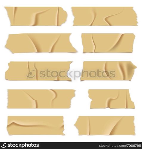 Adhesive tape. Old paper scotch tapes, masking sticky pieces realistic strips. Isolated vector illustrations set. Adhesive tape. Old paper scotch tapes, masking sticky pieces realistic strips. Isolated vector set