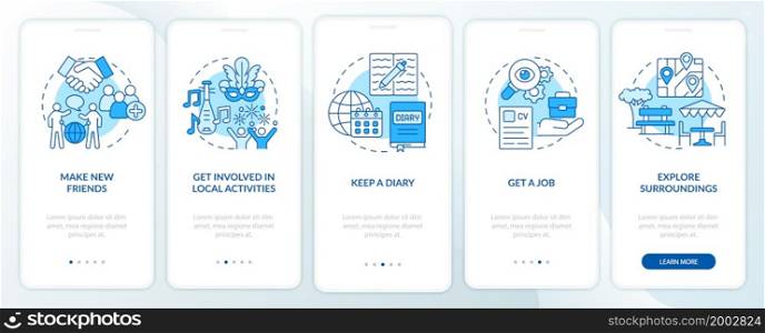 Adjusting to living abroad blue onboarding mobile app page screen. Migrate abroad walkthrough 5 steps graphic instructions with concepts. UI, UX, GUI vector template with linear color illustrations. Adjusting to living abroad blue onboarding mobile app page screen