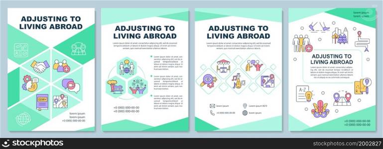Adjusting to living abroad brochure template. Moving abroad. Flyer, booklet, leaflet print, cover design with linear icons. Vector layouts for presentation, annual reports, advertisement pages. Adjusting to living abroad brochure template