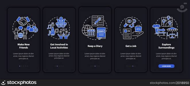 Adjusting to living abroad dark onboarding mobile app page screen. Walkthrough 5 steps graphic instructions with concepts. UI, UX, GUI vector template with linear night mode illustrations. Adjusting to living abroad dark onboarding mobile app page screen