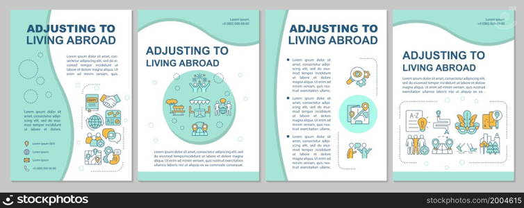 Adjusting to living abroad mint brochure template. Moving abroad. Flyer, booklet, leaflet print, cover design with linear icons. Vector layouts for presentation, annual reports, advertisement pages. Adjusting to living abroad mint brochure template