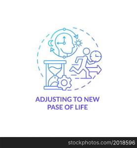 Adjusting to new pace of life blue gradient concept icon. Expats struggling abstract idea thin line illustration. Adaptation when abroad. Daily schedule. Vector isolated outline color drawing. Adjusting to new pace of life blue gradient concept icon