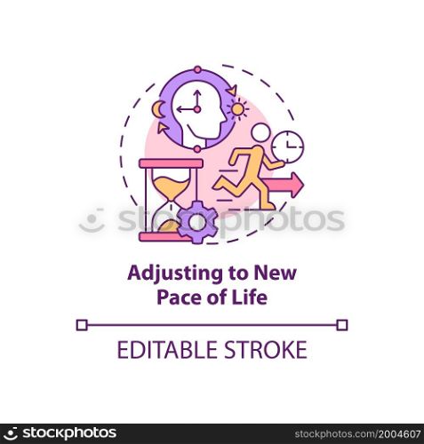 Adjusting to new pace of life concept icon. Expats struggling abstract idea thin line illustration. Adaptation when abroad. Daily schedule. Vector isolated outline color drawing. Editable stroke. Adjusting to new pace of life concept icon