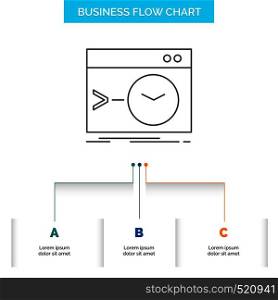 Admin, command, root, software, terminal Business Flow Chart Design with 3 Steps. Line Icon For Presentation Background Template Place for text. Vector EPS10 Abstract Template background