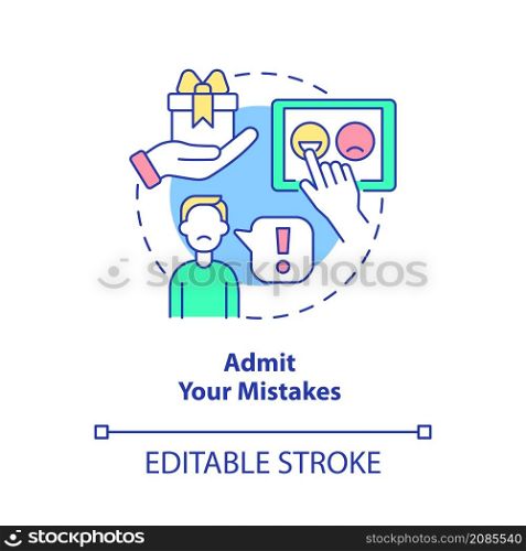 Admit your mistakes concept icon. Take responsibility. Customer service tips abstract idea thin line illustration. Isolated outline drawing. Editable stroke. Roboto-Medium, Myriad Pro-Bold fonts used. Admit your mistakes concept icon
