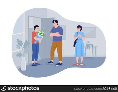Adolescent dating 2D vector isolated illustration. Angry dad looks at daughter boyfriend with disbelief flat characters on cartoon background. Teenage romantic relationships colourful scene. Adolescent dating 2D vector isolated illustration