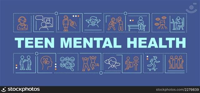 Adolescent mental health and wellbeing word concepts dark blue banner. Infographics with icons on color background. Isolated typography. Vector illustration with text. Arial-Black font used. Adolescent mental health and wellbeing word concepts dark blue banner
