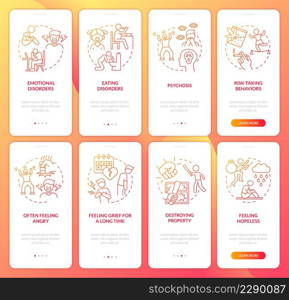 Adolescent mental health red gradient onboarding mobile app screen set. Walkthrough 4 steps graphic instructions pages with linear concepts. UI, UX, GUI template. Myriad Pro-Bold, Regular fonts used. Adolescent mental health red gradient onboarding mobile app screen set