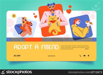Adopt a friend landing page. People hug pets, animal adoption concept with young women holding cute funny cats and guinea pig on hands. Human tenderness, love and charity Linear flat vector web banner. Adopt a friend landing page, people hugging pets