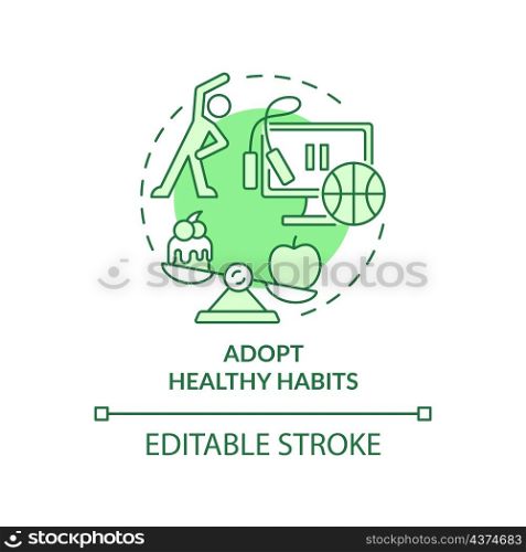 Adopt healthy habits green concept icon. Overcome anxiety symptoms abstract idea thin line illustration. Isolated outline drawing. Editable stroke. Roboto-Medium, Myriad Pro-Bold fonts used. Adopt healthy habits green concept icon