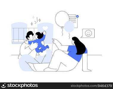 Adopted child moving in abstract concept vector illustration. Smiling parents talking with their adopted kid at home, bureaucratic procedure, happy family, childhood time abstract metaphor.. Adopted child moving in abstract concept vector illustration.