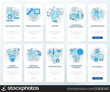 Adopting crypto-currency blue onboarding mobile app screen set. Walkthrough 5 steps graphic instructions pages with linear concepts. UI, UX, GUI template. Myriad Pro-Bold, Regular fonts used. Adopting crypto-currency blue onboarding mobile app screen set