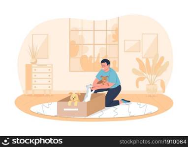 Adopting dogs 2D vector isolated illustration. Happy man sitting on floor with puppies flat characters on cartoon background. Owner taking pets. Rescuing domestic animals colourful scene. Adopting dogs 2D vector isolated illustration