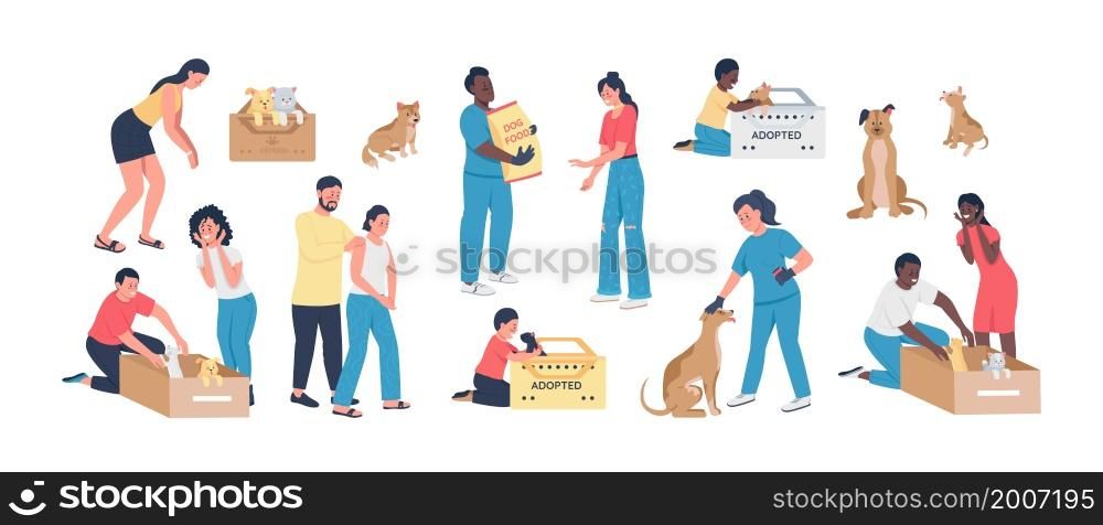 Adopting pets semi flat color vector character set. Posing figures. Full body people on white. Rescue animals isolated modern cartoon style illustration for graphic design and animation collection. Adopting pets semi flat color vector character set