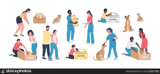 Adopting pets semi flat color vector character set. Posing figures. Full body people on white. Rescue animals isolated modern cartoon style illustration for graphic design and animation collection. Adopting pets semi flat color vector character set