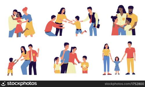 Adoption. Cartoon young couple adopt happy international kids. Cute scenes of cheerful foster parents. Caring for orphan. Mother and father hugging children. Vector multiracial families illustration. Adoption. Cartoon couple adopt happy international kids. Scenes of cheerful foster parents. Caring for orphan. Mother and father hugging children. Vector multiracial families illustration