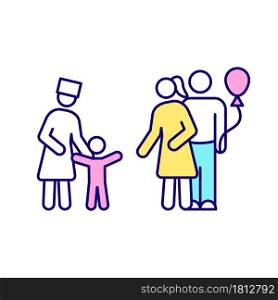 Adoption RGB color icon. Pair get home child from orphanage. Adopt newborn, toddler. Parenthood. Adoption paid leave to take care of child. Isolated vector illustration. Simple filled line drawing. Adoption RGB color icon