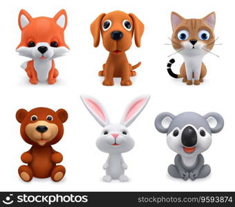 Adorable animals 3d vector icon set. Fox, dog, cat, bear, rabbit, koala
