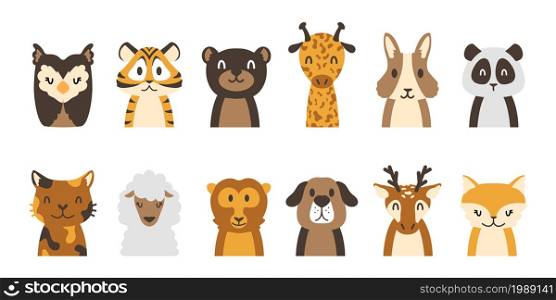 Adorable animals. Minimalistic cartoon baby fauna characters for kids wallpapers and textile. Cute lion and bear. Dog or penguin heads. Panda and koala. Forest creatures faces. Vector funny pets set. Adorable animals. Minimalistic cartoon fauna characters for kids wallpapers and textile. Cute lion and bear. Dog or penguin heads. Panda and koala. Forest creatures faces. Vector pets set
