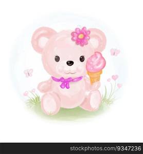 Adorable Baby Bear Girl with an Ice Cream. High Quality vector.
