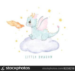 Adorable baby blue dragon on fluffy cloud little dragon watercolour, whimsical children animal nursery illustration