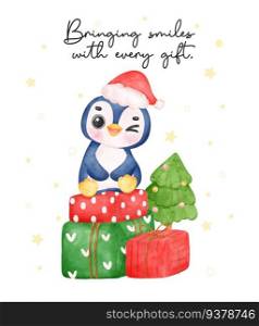 Adorable baby penguin sits on a stack of wrapped present boxes, bringing joy and festive cheer. Perfect for Christmas cards and decorations