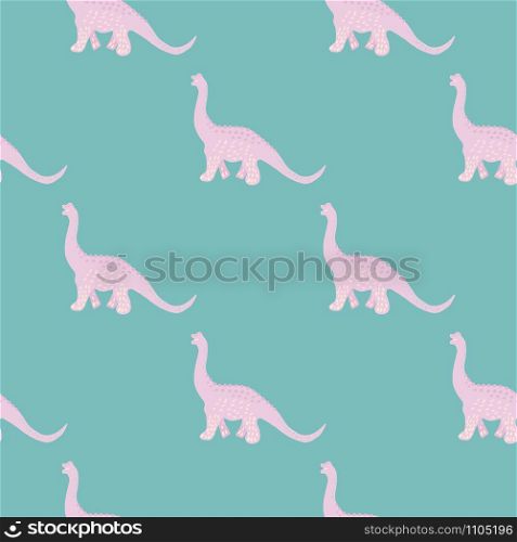 Adorable baby pink dinosaur seamless pattern on turquoise. Cute wild animal repeat ornaments. Colored vector illustration in flat cartoon style.. Adorable baby pink dinosaur seamless pattern on turquoise.