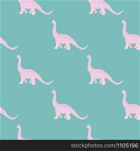 Adorable baby pink dinosaur seamless pattern on turquoise. Cute wild animal repeat ornaments. Colored vector illustration in flat cartoon style.. Adorable baby pink dinosaur seamless pattern on turquoise.