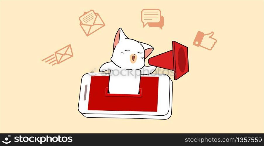 Adorable cat character is using social media via mobile phone