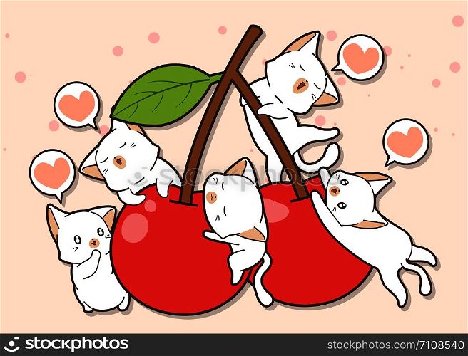 Adorable cat characters and cherry in cartoon style.