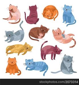 Adorable cats characters. Cute cat, funny isolated kitten lying playing or relaxation. Animal meow, cartoon fluffy pets exact vector collection. Illustration cartoon meow cat, feline animal pose. Adorable cats characters. Cute cat, funny isolated kitten lying playing or relaxation. Animal meow, cartoon fluffy pets exact vector collection