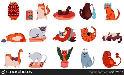 Adorable cats. Cute dancing cat, funny angry kitty and love cat vector illustration set. Domestic animal drinking coffee and playing. Comic fat pet in sweater, doing yoga and lying stickers. Adorable cats. Cute dancing cat, funny angry kitty and love cat vector illustration set. Domestic animal drinking coffee and sleeping. Comic fat pet in sweater, doing yoga and eating stickers