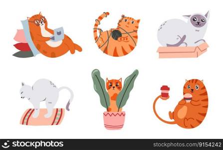 Adorable cats. Domestic furry pets having different activities. Animal in glasses working with laptop, playing with ball of yarn, hiding behind houseplant, eating burger and drinking coffee vector set