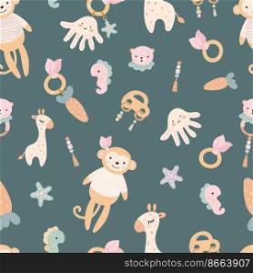 Adorable children toys seamless pattern. Cute nursery baby print, simple toy, monkey and giraffe, pendant with beads. Scandinavian vector texture with cute toys adorable cartoon illustration. Adorable children toys seamless pattern. Cute nursery baby print, simple toy, monkey and giraffe, pendant with beads. Scandinavian vector texture