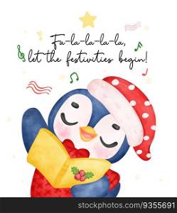 Adorable Christmas caroler Penguin Singing Festive Song. Delightful Watercolor Cartoon for Kids. Perfect for Cards, Invitations, and Decorations.