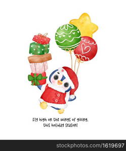 Adorable Christmas illustration of a cute penguin wearing a Santa hat carries a stack of wrapped present gift boxes and holds a bunch of festive balloons. Celebrate the season with whimsical art