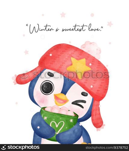 Adorable Christmas penguin hugs a hot chocolate mug in this joyful watercolour illustration. Perfect for festive greetings and cozy winter designs.