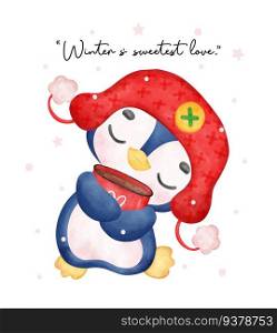 Adorable Christmas penguin hugs a hot chocolate mug in this joyful watercolour illustration. Perfect for festive greetings and cozy winter designs.
