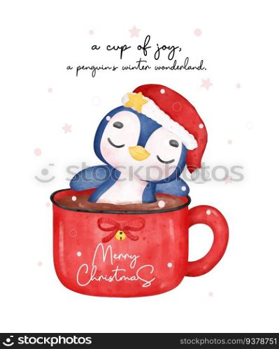 Adorable Christmas penguin illustration. Relaxing in a cozy hot chocolate mug, surrounded by snowing cartoon watercolour. Perfect for festive designs.