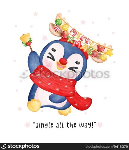 Adorable Christmas penguin is wearing decorated antlers and jumping with a jingle bell. The festive image is perfect for greeting cards, holiday decorations, and other wintertime projects