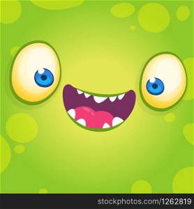Adorable cool cartoon monster face. Halloween vector illustration of green smiling monster avatar