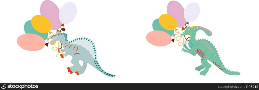 Adorable Dinosaur with colorful balloons isolated on white background. Design print for cards, stickers, apparel, home decor. Vector illustration in flat cartoon style.. Adorable Dinosaur with colorful balloons isolated on white background.