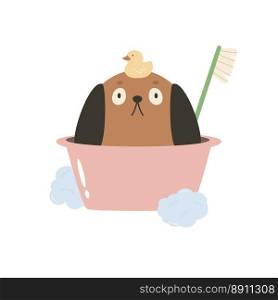 Adorable dog having a bath with a foam and bubbles. Vector illustration of a funny washing pet.. Adorable dog having a bath with a foam and bubbles. Vector illustration of a funny washing pet