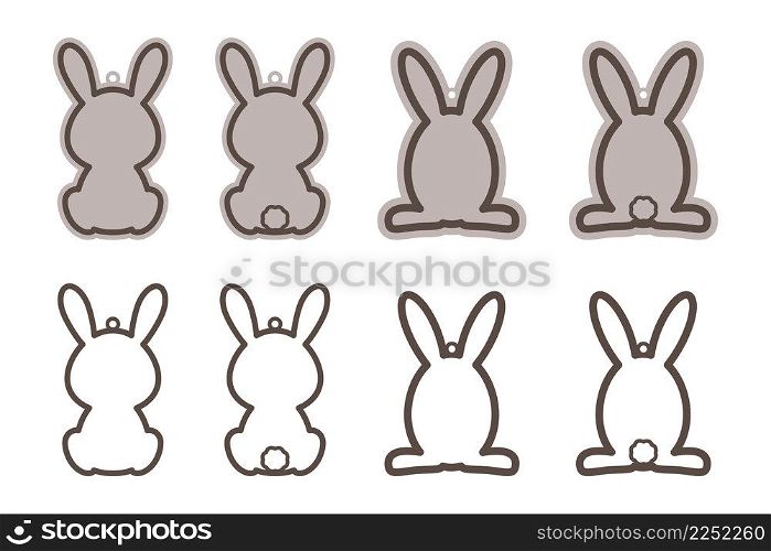 Adorable Easter bunny basket name tags. Laser wood cutting template. Layered paper decoration. Print, cut out, glue. Egg hunt for children template layout. Vector stock illustration.