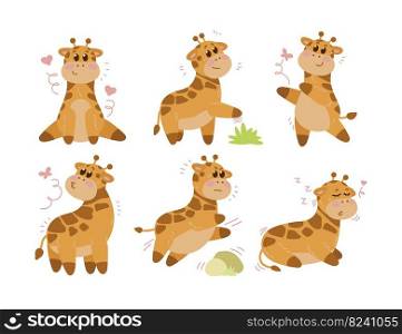 Adorable giraffe cartoon character vector illustrations set. Collection of watercolor drawings with cute baby animal in different poses on white background. Wildlife concept for birthday card design
