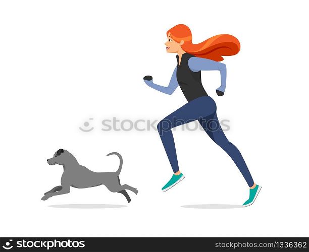 Adorable Girl with Long Ginger Hair Wearing Sport Clothes Running with Dog Isolated on White Background. Healthy Lifestyle. Young Woman Character Jogging with Pet. Cartoon Flat Vector Illustration.. Girl with Ginger Hair in Sport Cloth Run with Dog.