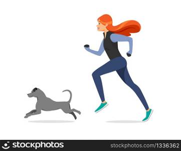 Adorable Girl with Long Ginger Hair Wearing Sport Clothes Running with Dog Isolated on White Background. Healthy Lifestyle. Young Woman Character Jogging with Pet. Cartoon Flat Vector Illustration.. Girl with Ginger Hair in Sport Cloth Run with Dog.