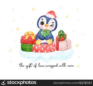 Adorable happy baby penguin sits on a stack of wrapped present boxes, bringing joy and festive cheer. Perfect for Christmas cards and decorations